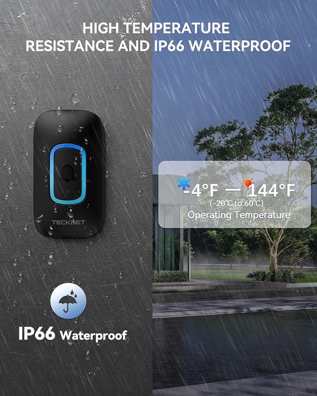 Detalle 2 de TECKNET Wireless Doorbell kit with RGB light, IP66 waterproof design and 110 dB volume
