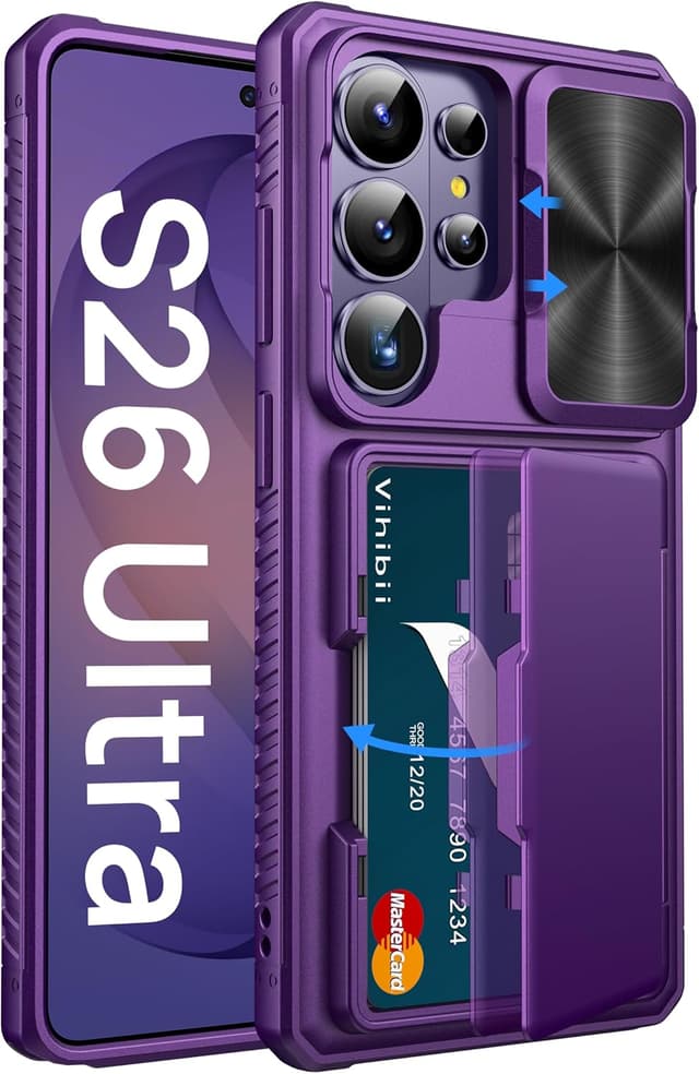 Detalle de Vihibii Galaxy S26 Ultra case wallet with RFID card holder (up to 4/5 cards) and slide camera lens cover, Dark Purple