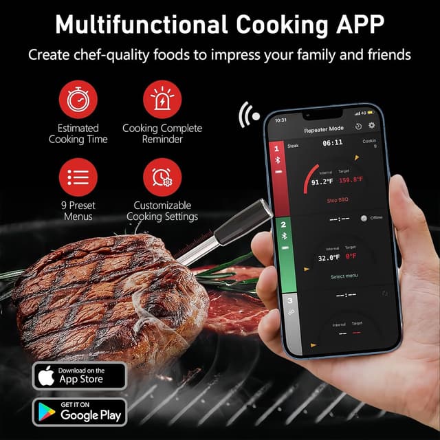 Detalle 1 de Wireless Bluetooth Meat Thermometer Probe (150m range, 3 sensors) – IP68 rated, AiCooking app