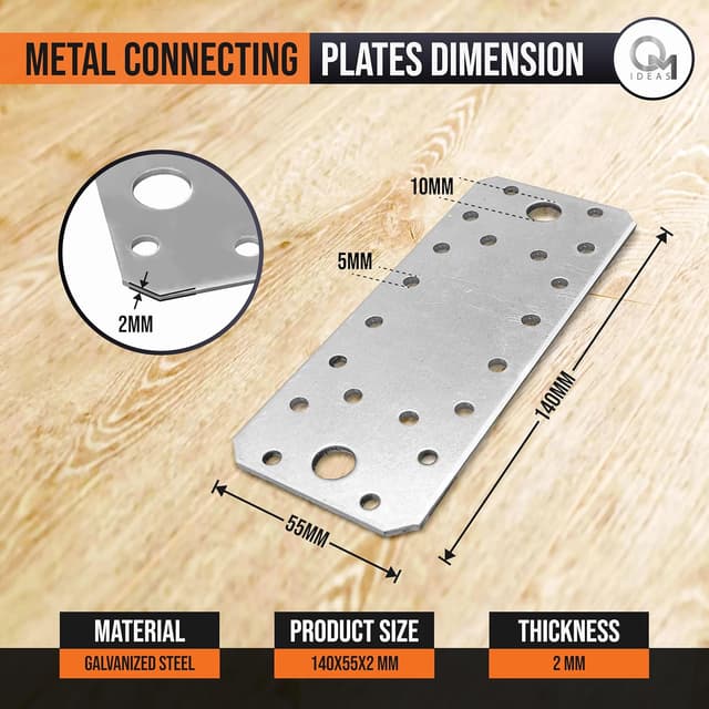 Detalle de OMIDEAS 10 Pack Flat Joining Plates (140 x 55 x 2mm) galvanised steel perforated connector plates