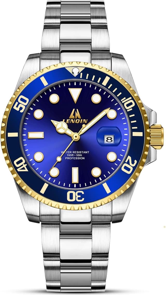 Detalle de LN LENQIN Herrenarmbanduhr aus Edelstahl mit Quarzwerk, Datum und leuchtendem Zifferblatt (wasserdicht bis 3 ATM)