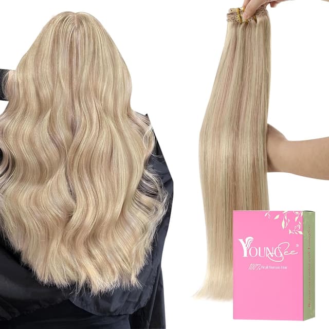 Detalle de YoungSee Clip-in Extensions aus Echthaar (Remy) in Blond, 30 cm, 80 g – für mehr Volumen