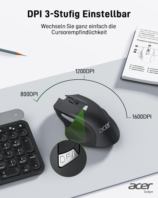 Detalle de Acer kabellose Ergonomie-Funkmaus PC Maus mit 3 DPI-Stufen (800/1200/1600) und 2,4 GHz-USB-Empfänger