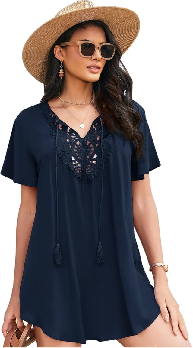 Detalle de Ekouaer copricostume donna con scollo a V e pizzo, vestito estivo tipo bikini cover-up