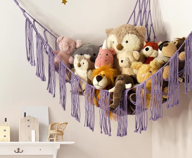 Detalle 2 de RelaxScene Stuffed Animal Hammock Corner with LED Light (Plushie Net Organizer) — Purple Nursery Storage