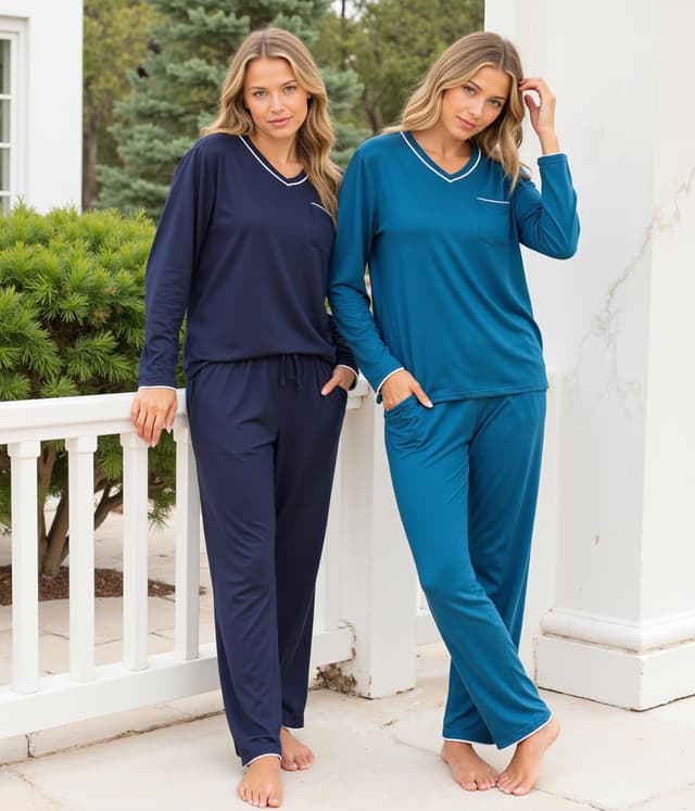 Detalle de Demegimi Damen-Schlafanzug lang mit V-Ausschnitt, einfarbig aus Baumwolle – Winter-Pyjama für Komfort am Abend
