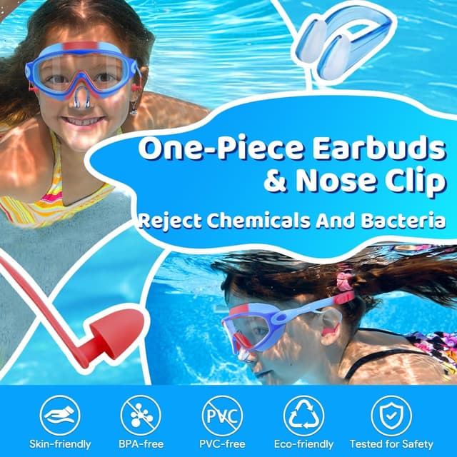 Detalle 2 de Vvinca Kids Swimming Goggles (2 Pack) with Built-in Earplugs, Nose Clip & Anti-Fog UV Protection for Ages 3–15