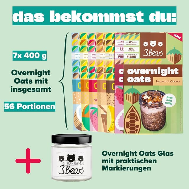 Detalle de 3Bears Overnight Oats Lover-Set inkl. Glas – 7x vegane Porridgemischung (ohne Industriezucker)