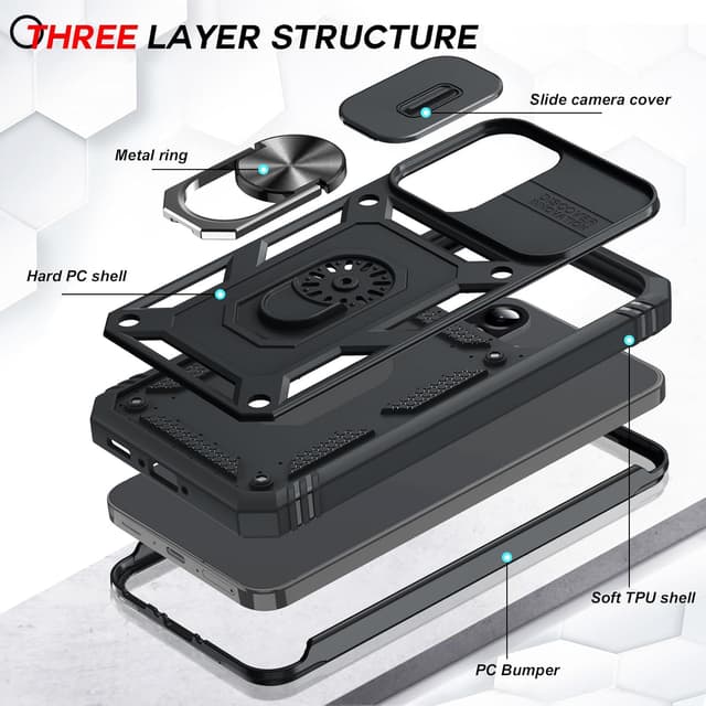 Detalle de LeYi for Samsung Galaxy A56 5G Case with Camera Cover Slider, 360° Tough Armour + Ring Stand and 2 Tempered Glass Screen Protectors (Black)