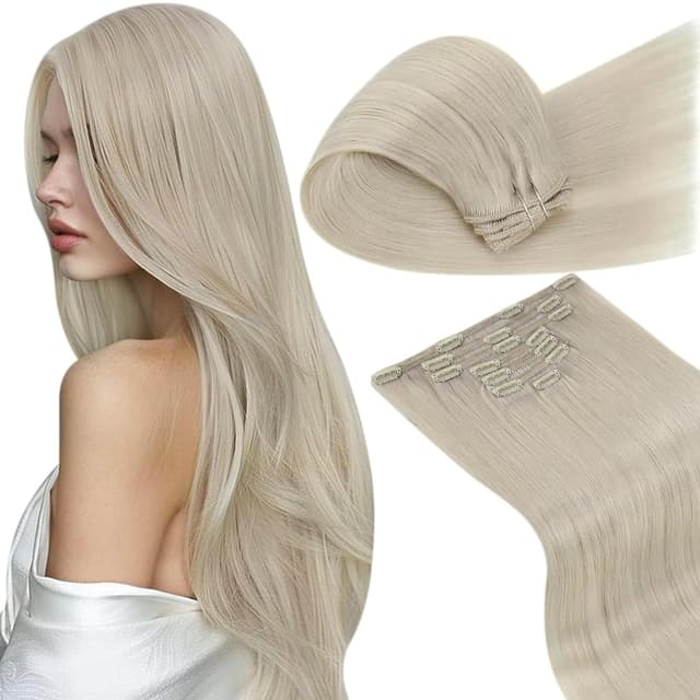 Detalle de LaaVoo Clip-Extensions aus Echthaar, 60 cm (7-teilig) in Platinblond #60
