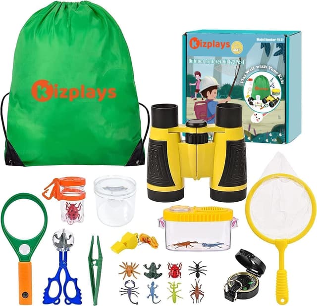 Detalle de Kizplays® Forscherset für Kinder (22-teilig) mit Fernglas 4x30, Insektenfang-Set, Kompass und Lupe – Entdecker-Set für draußen