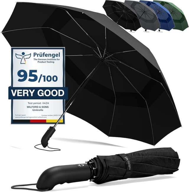Detalle de Umbrella Windproof Compact – Strong Storm Proof Frame, Auto Open/Close Double Canopy, Teflon Water-Resistant (Black)