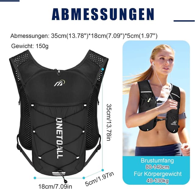 Thumbnail 6 de ONETOALL Laufweste Damen mit 500-ml-Trinkflasche & 2-L-Trinkblase – reflektierende Laufrucksack-Weste (ca. 150 g) für 6 l