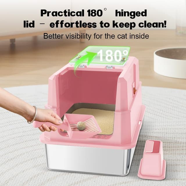 Detalle de SZEE Stainless Steel Cat Litter Tray with Lid (Pink) — Easy-clean covered tray