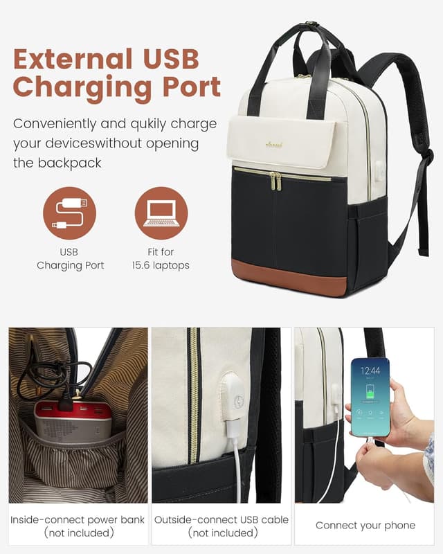 Detalle 2 de LOVEVOOK Damen-Rucksack für 15,6-Zoll-Laptop – wasserdichter City-/Reiserucksack mit USB-Ladeanschluss