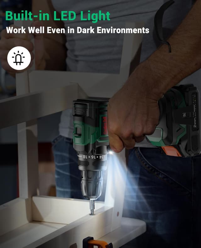 Detalle 2 de CEEIGOO Brushless Cordless Drill (21V) with 2×2000mAh Batteries, 42N.m Torque, 18+1 Settings and 14 Accessories