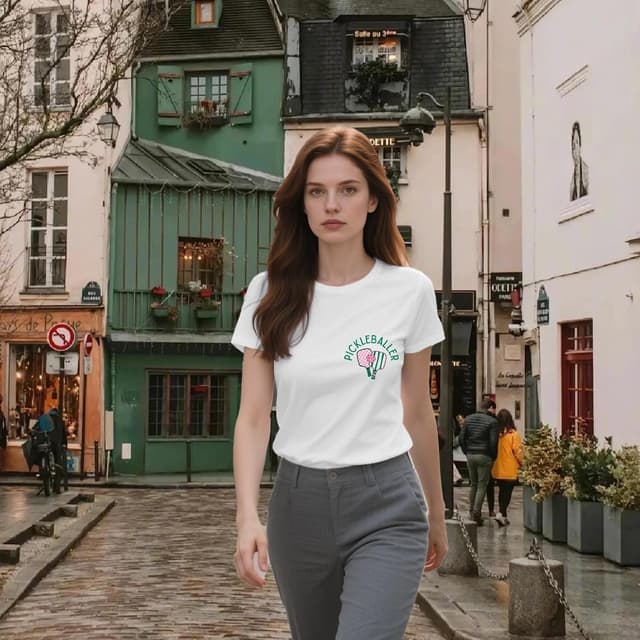 Detalle 2 de Qskall women’s pickleball T-shirt – soft racket pattern crewneck tee for paddleball lovers