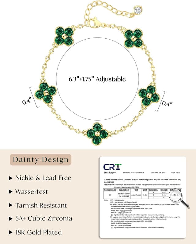 Detalle 2 de ZNBOH Kleeblatt-Armband für Damen, 18K vergoldet, mit Geburtsstein und Zirkonia