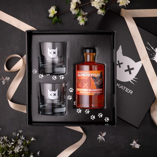 Detalle 2 de BÖSER KATER Orange Sundown Aperitif Geschenkset mit 2 Gläsern (Orangen-Fruchtlikör) – 0,5 l