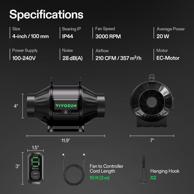 Thumbnail 6 de VIVOSUN AeroZesh T4 100 mm (357 m³/h) avec régulateur E12 PWM pour ventilation d’extraction en intérieur