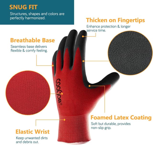 Detalle 2 de COOLJOB guanti da lavoro da giardinaggio uomo, 6 paia, rivestiti in gomma con Power Grip (taglia M, nero e rosso)