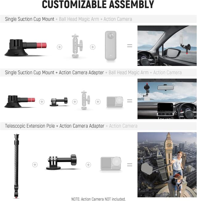 Detalle 2 de NEEWER Autohalterung-Set mit drei Saugnäpfen (Kohlefaser, NATO-Schiene & 60-cm-Verlängerung) für Action-Cams bis 1 kg