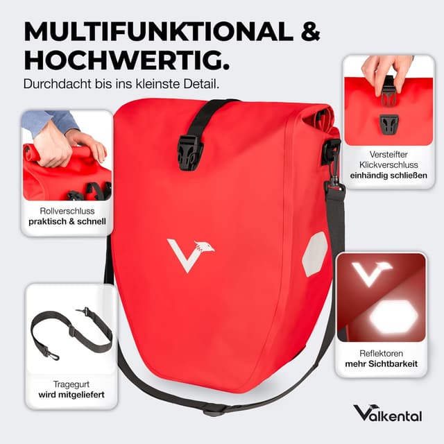 Detalle de Valkental® ValkBasic große, wasserdichte Gepäckträgertasche (abschließbar) mit Reflektoren