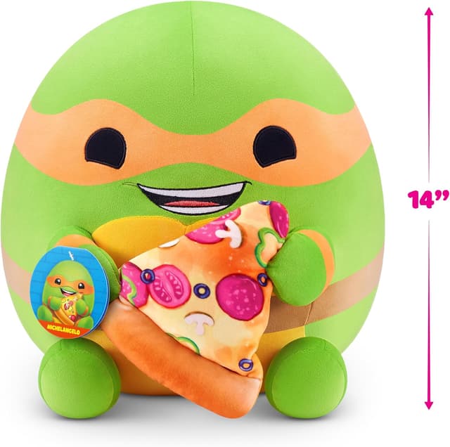 Detalle de Snackles 35 cm Plush Teenage Mutant Ninja Turtles Edition by ZURU (Michelangelo) with pizza snack accessory