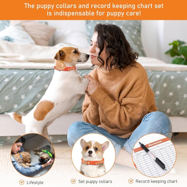 Detalle 2 de GAMUDA Puppy Whelping Collar Set – Soft Nylon Adjustable ID Bands with Paw Print Pattern, Safety Buckle & Record Charts