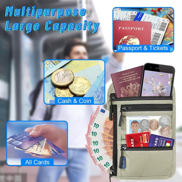 Detalle de CORYIN Travel Neck Wallet Passport Holder with RFID Blocking and Waterproof Pouch – Light Grey