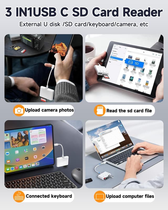 Detalle de BliTezz Lecteur carte SD USB-C 3 en 1 (USB-A + SD + Micro SD) pour iPhone, MacBook et Galaxy