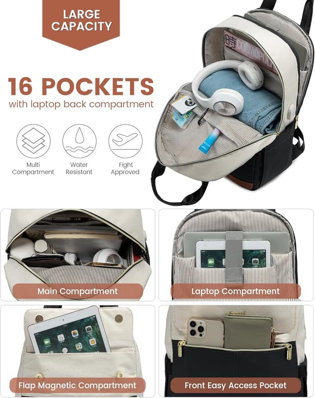 Detalle de LOVEVOOK Damen-Rucksack für 15,6-Zoll-Laptop – wasserdichter City-/Reiserucksack mit USB-Ladeanschluss