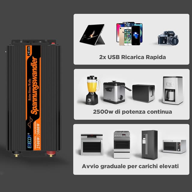 Detalle 2 de EDECOA Power Inverter 12V→220V onda sinusoidale pura 2500W con telecomando