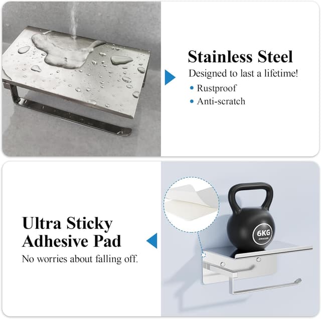 Detalle 1 de Susswiff portarotolo per carta igienica con ripiano autoadesivo in acciaio inox argento