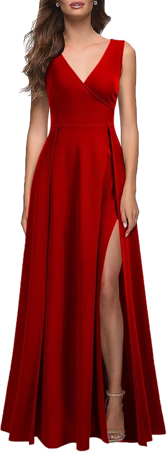 Detalle de MUSHARE Women’s V-Neck Sleeveless Split Formal Dress (Bodycon Maxi)