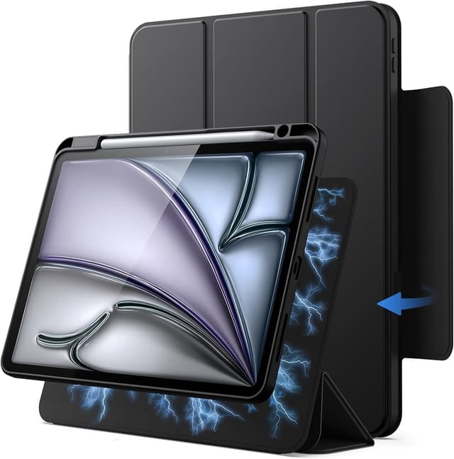 Detalle de JETech magnetische abnehmbare Hülle für iPad Air 11 Zoll (M4/M3/M2/5./4.) mit Stifthalter, 360°-Stand und entfernbarer Rückabdeckung (Schwarz)