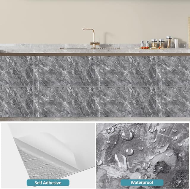 Detalle 2 de Warmiehomy Marble Tiles 60x30cm (10 Pack) Self-Adhesive Waterproof Peel-and-Stick Wall Tiles – Earl Grey