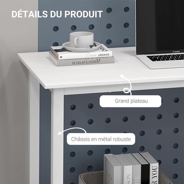 Detalle de Table multifonction HOMCOM pour ordinateur, plateau XXL en blanc (120 x 60 x 76 cm)