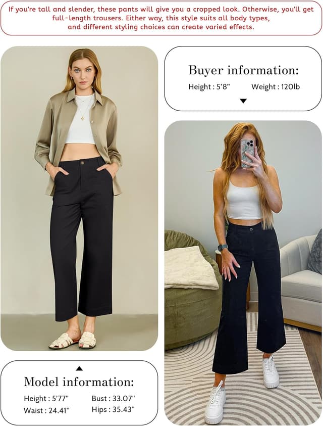 Detalle de Eddoyee Womens Wide Leg Ankle Pants — High-Waisted Elastic Waist Straight-Leg Cropped Stretch Pants