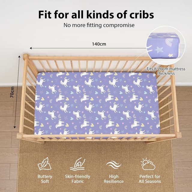 Detalle de FIEMOL Baby-Spannbettlaken 70x140 cm (3er-Set) Mikrofaser – lila Regenbogen