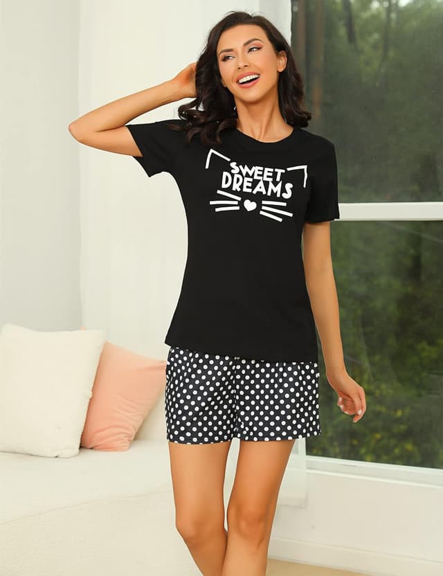 Detalle de Uniexcosm Pyjama en coton femme court (ensemble été) avec chat, col rond et manches courtes