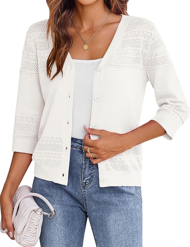 Detalle 2 de ZEAGOO Strickjacke femme été façon boléro, manches 3/4, légère et extensible, boutonnée