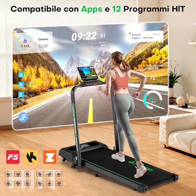 Detalle 2 de Tapis Roulant Elettrico Pieghevole 1-12 km/h “5 in 1” con doppio display LED, supporto app e telecomando
