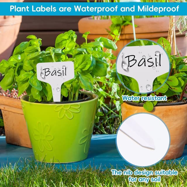 Detalle de Plant Labels 100pcs 4 Inch T-Type Plant Name Tags with Permanent Marking Pen (Light White)