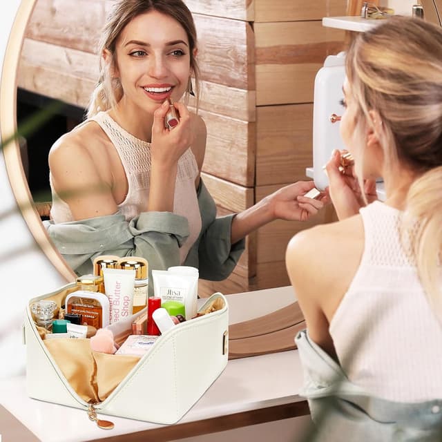 Thumbnail 6 de CLOUDWINGS Personalized Initial Makeup Organizer Bag Set (Beige) — open-flat travel cosmetic bags with clear divider