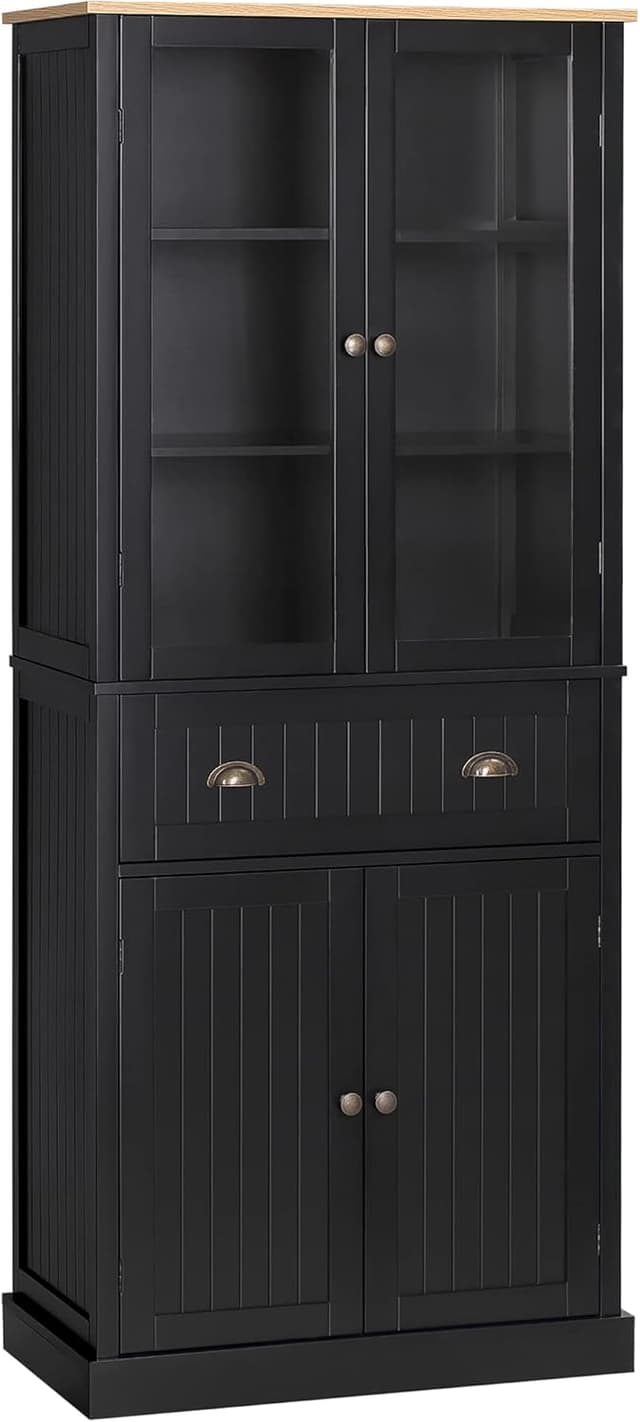 Detalle de HOMCOM Buffet de cuisine noir avec 4 portes dont 2 vitrées et tiroir, 182,5 cm de hauteur
