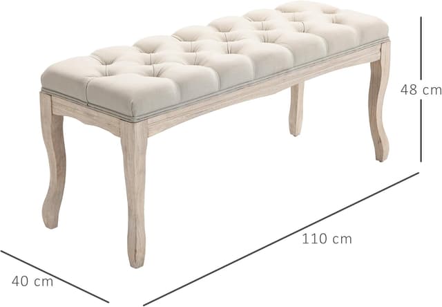 Detalle de HOMCOM banquette capitonnée en lin style classique chic, 110 cm, piètement en bois d’hévéa sculpté