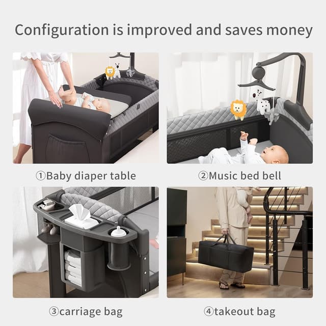 Detalle de NidoDulce Portable Travel Cot & Bedside Crib with Mattress, Changing Table & Storage Organiser
