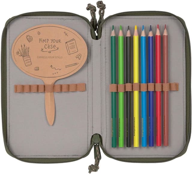 Detalle de LÄSSIG Triple Federmäppchen (Unique Olive) mit Inhalt, 20-teilig