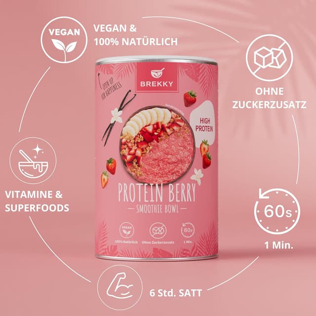 Detalle 2 de BREKKY Protein Smoothie Bowl „Protein Strawbeery“ – vegan, ohne Zuckerzusatz, 100% natürliche Zutaten